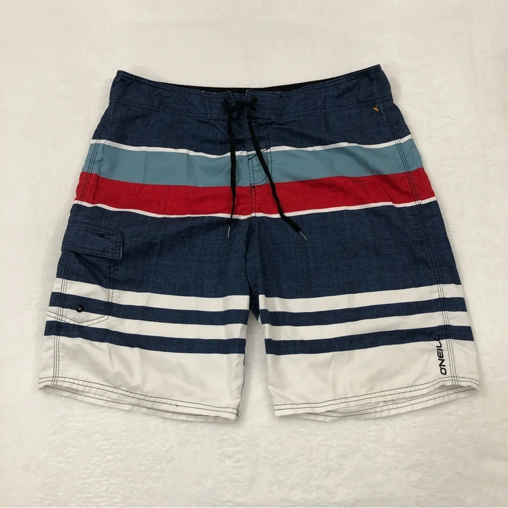 O’Neill Patriotic Navy Blue White Striped Surf Board Shorts Swim Trunks Mens 36